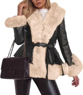 Aurgelmir Women's Faux Leather Jacket Coat Short/Long Parka Coat with Fur Collar Outwear