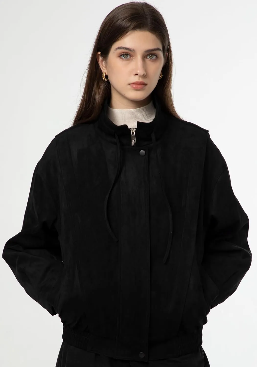 Babalet Womens Oversized Faux Suede Jackets Zip Up Coats Faux Motorcycle Bomber Outfits Trendy Fashion Clothes 2025