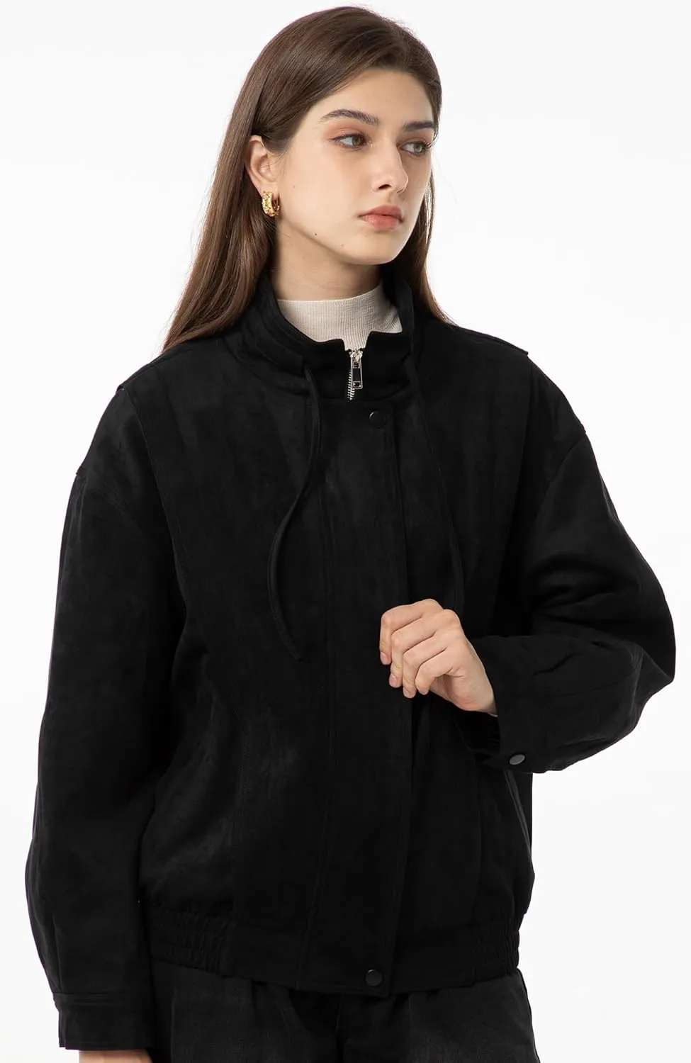 Babalet Womens Oversized Faux Suede Jackets Zip Up Coats Faux Motorcycle Bomber Outfits Trendy Fashion Clothes 2025