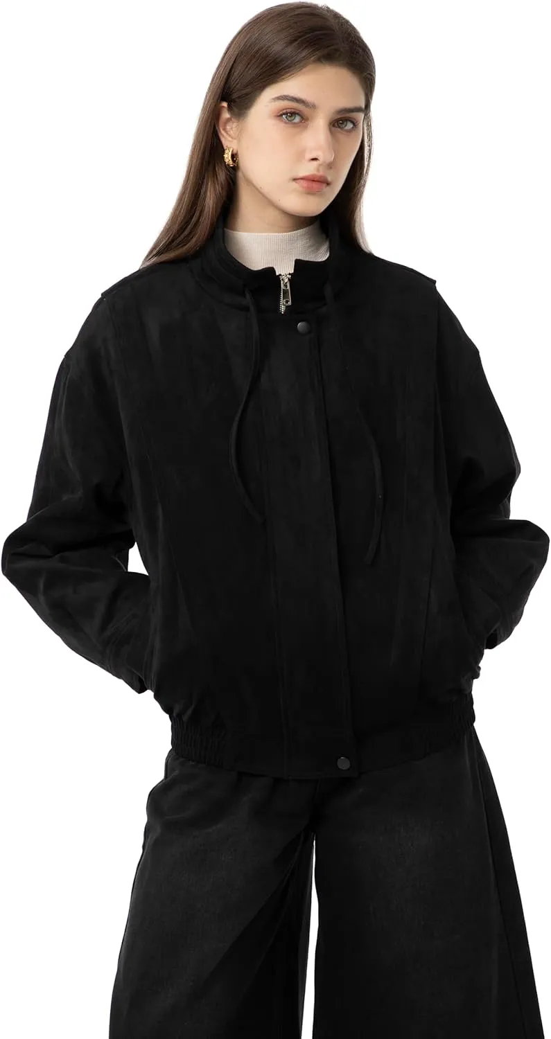 Babalet Womens Oversized Faux Suede Jackets Zip Up Coats Faux Motorcycle Bomber Outfits Trendy Fashion Clothes 2025