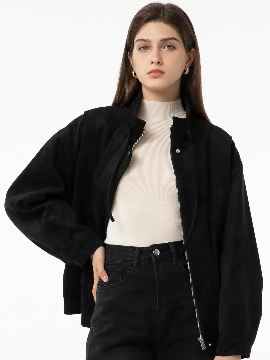 Babalet Womens Oversized Faux Suede Jackets Zip Up Coats Faux Motorcycle Bomber Outfits Trendy Fashion Clothes 2025