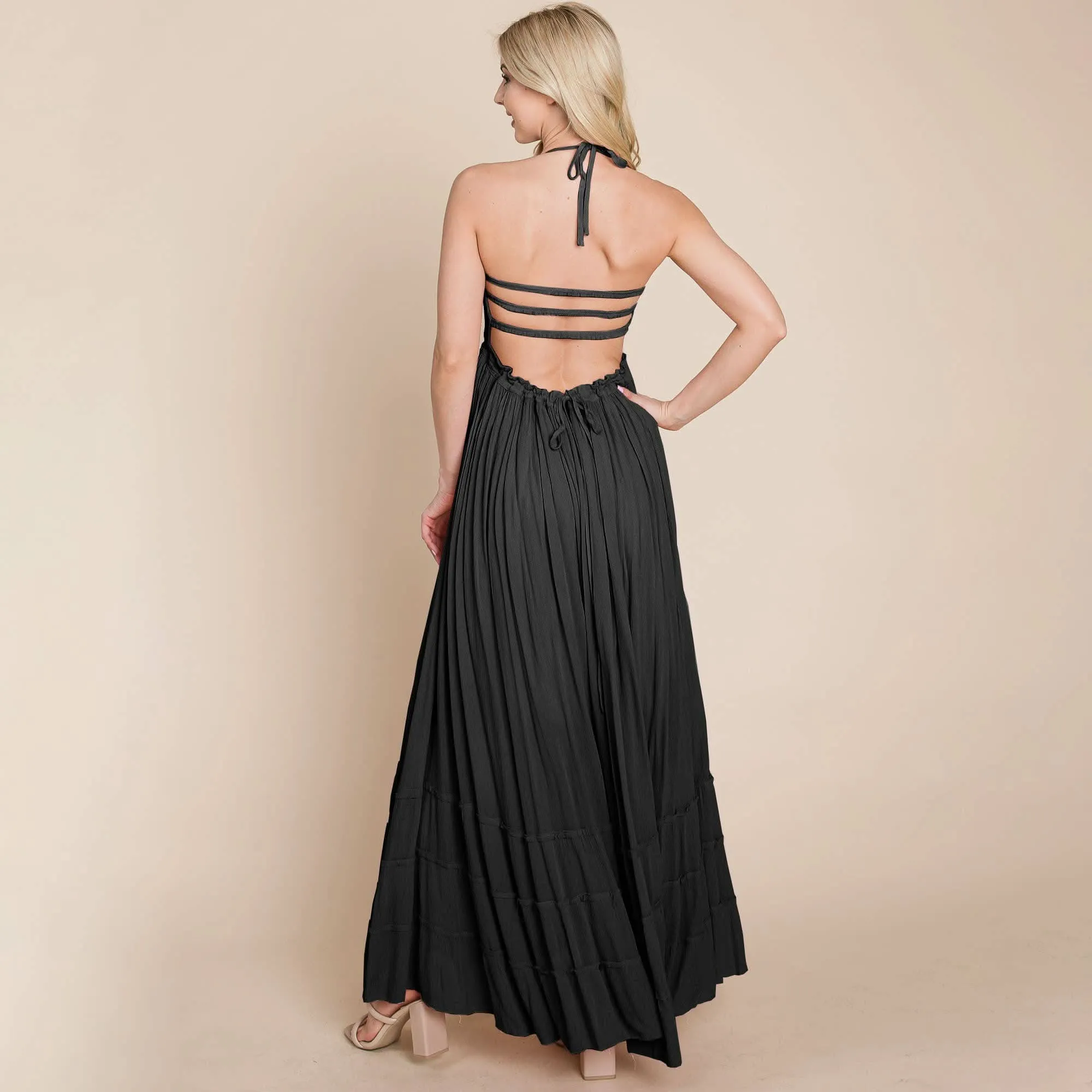 Black Smocked Flowy Boho Pleated Backless Maxi Dress