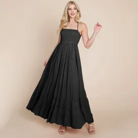 Black Smocked Flowy Boho Pleated Backless Maxi Dress