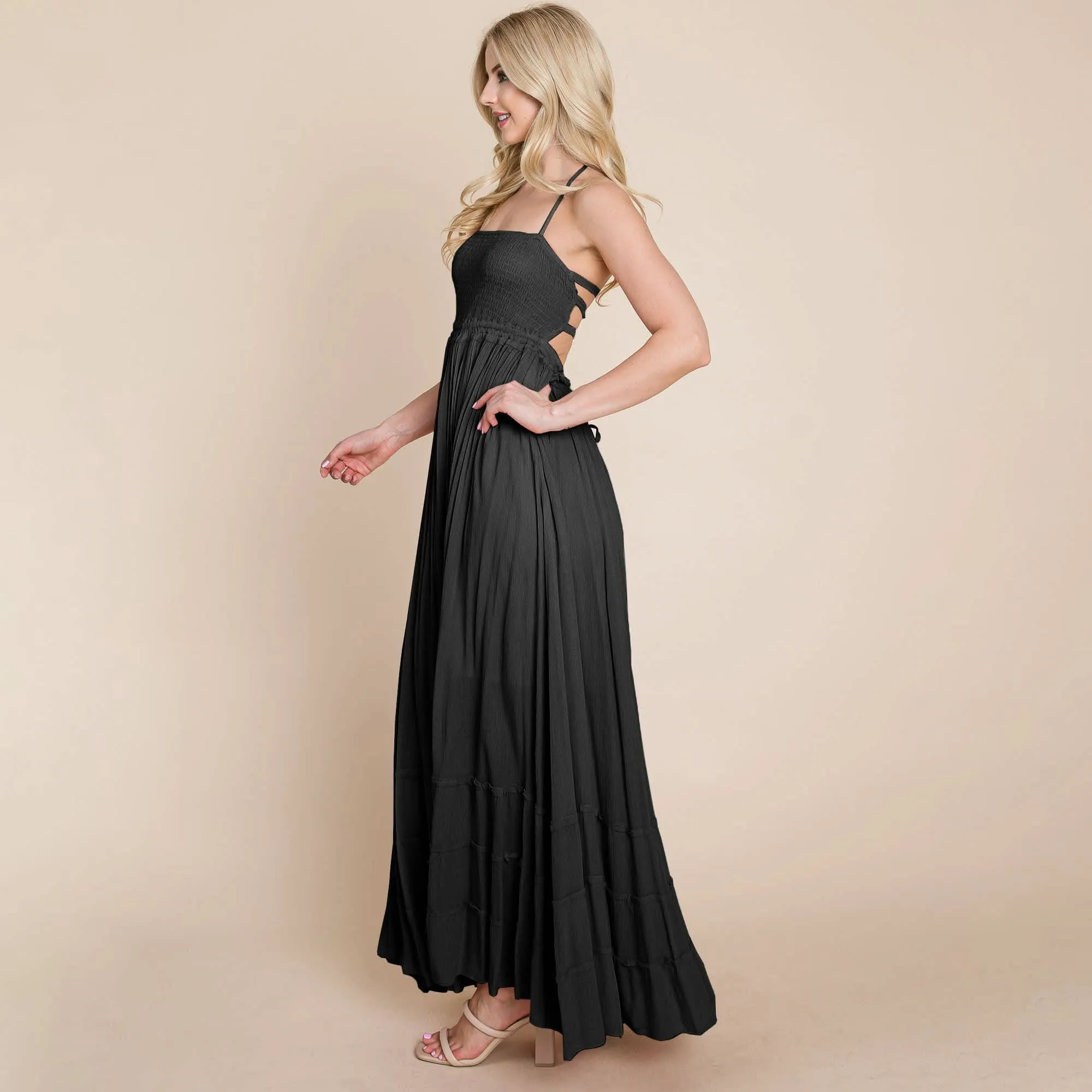 Black Smocked Flowy Boho Pleated Backless Maxi Dress