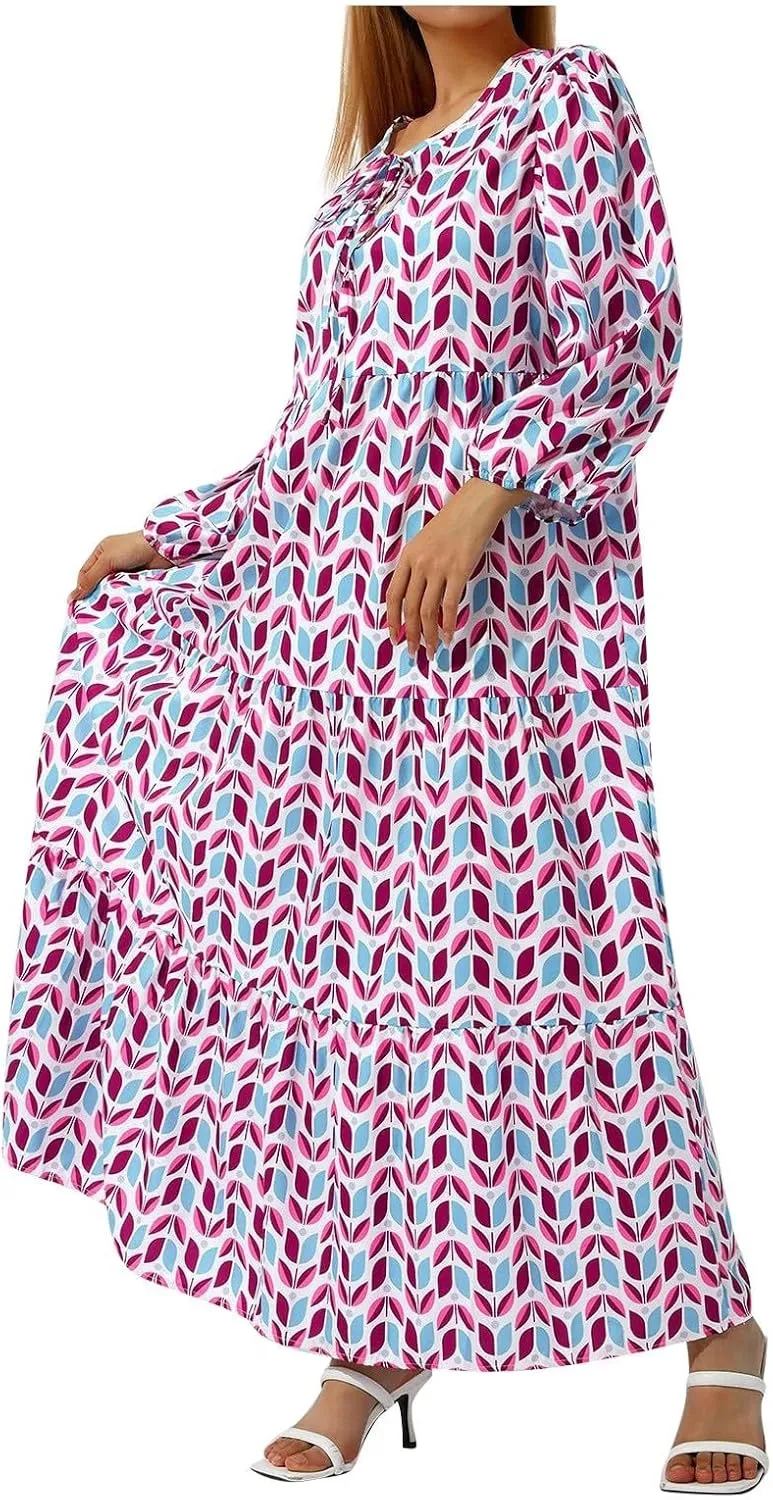 Boho Maxi Dresses for Women 2025 Summer Loose V Neck Puff Short Sleeve Long Flowy Floral Tiered Plus Size Beach Sundress