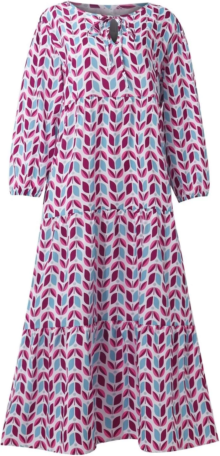 Boho Maxi Dresses for Women 2025 Summer Loose V Neck Puff Short Sleeve Long Flowy Floral Tiered Plus Size Beach Sundress