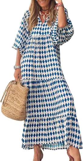 Boho Maxi Dresses for Women 2025 Summer Loose V Neck Puff Short Sleeve Long Flowy Floral Tiered Plus Size Beach Sundress