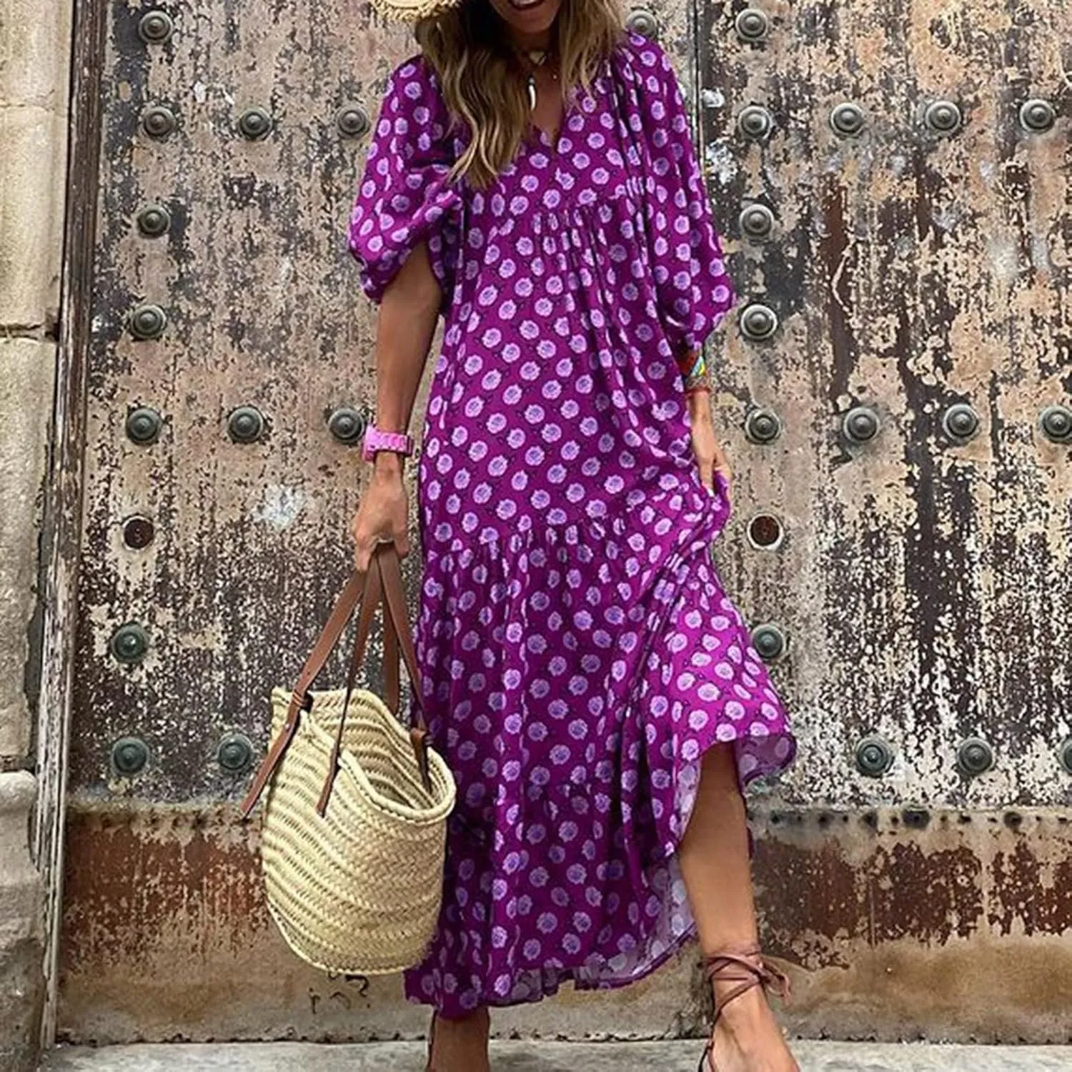 Boho Maxi Dresses for Women 2025 Summer Loose V Neck Puff Short Sleeve Long Flowy Floral Tiered Plus Size Beach Sundress