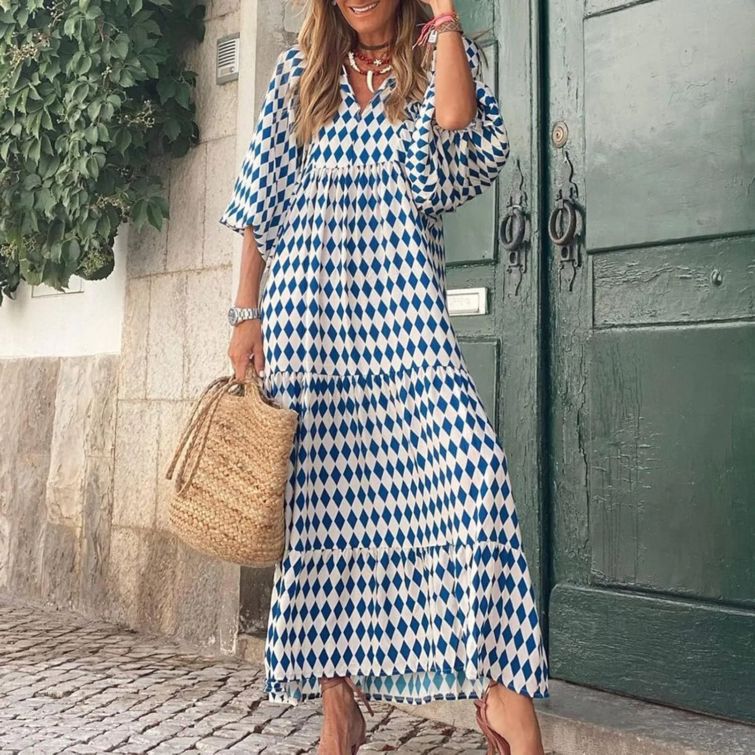 Boho Maxi Dresses for Women 2025 Summer Loose V Neck Puff Short Sleeve Long Flowy Floral Tiered Plus Size Beach Sundress