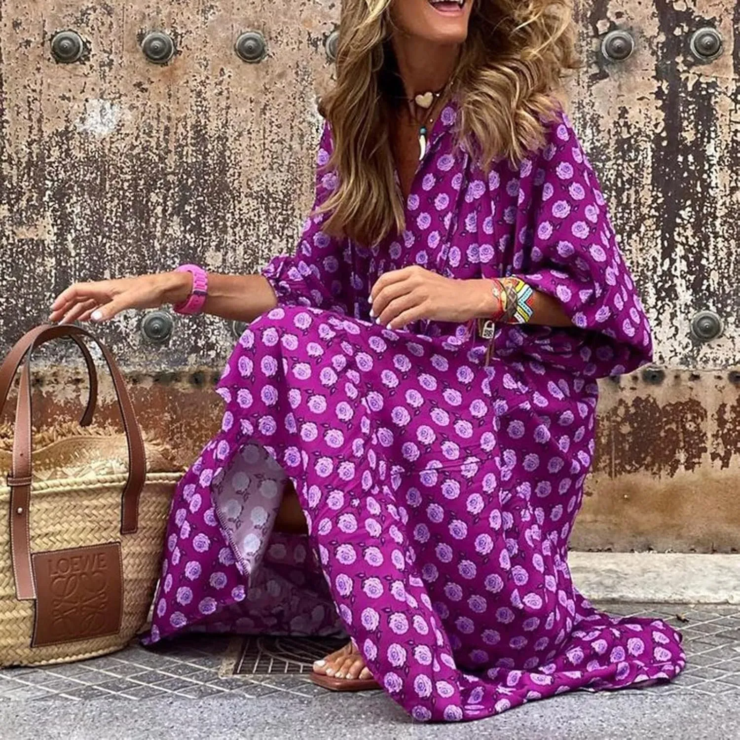 Boho Maxi Dresses for Women 2025 Summer Loose V Neck Puff Short Sleeve Long Flowy Floral Tiered Plus Size Beach Sundress