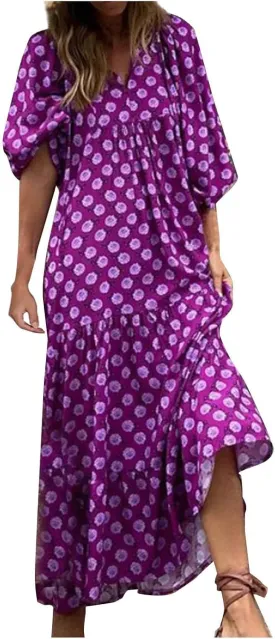 Boho Maxi Dresses for Women 2025 Summer Loose V Neck Puff Short Sleeve Long Flowy Floral Tiered Plus Size Beach Sundress