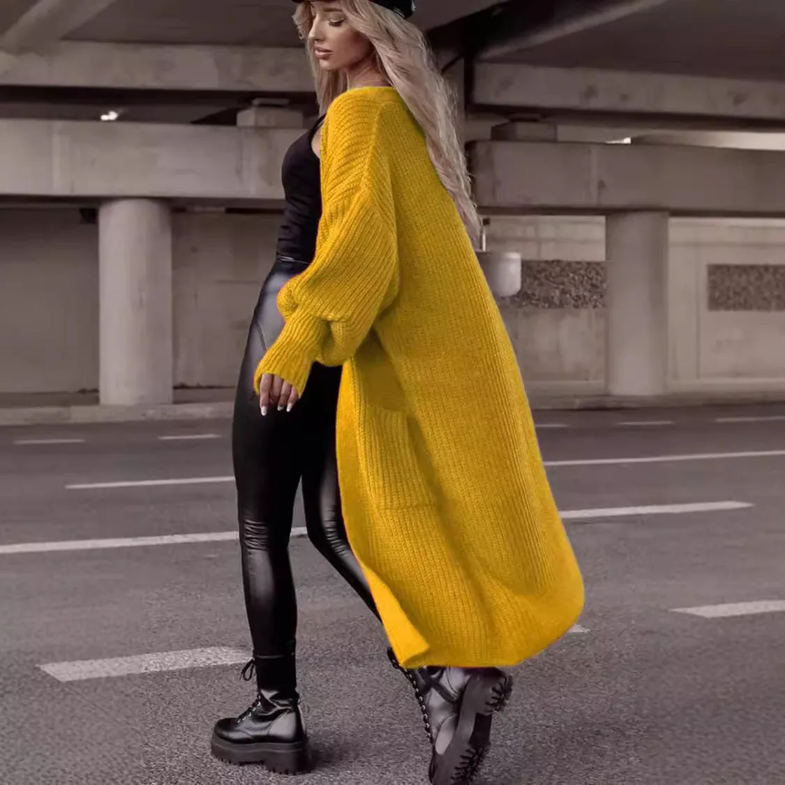 Cardigan Lungo Lavorato a Maglia con Tasche e Maniche a Palloncino
