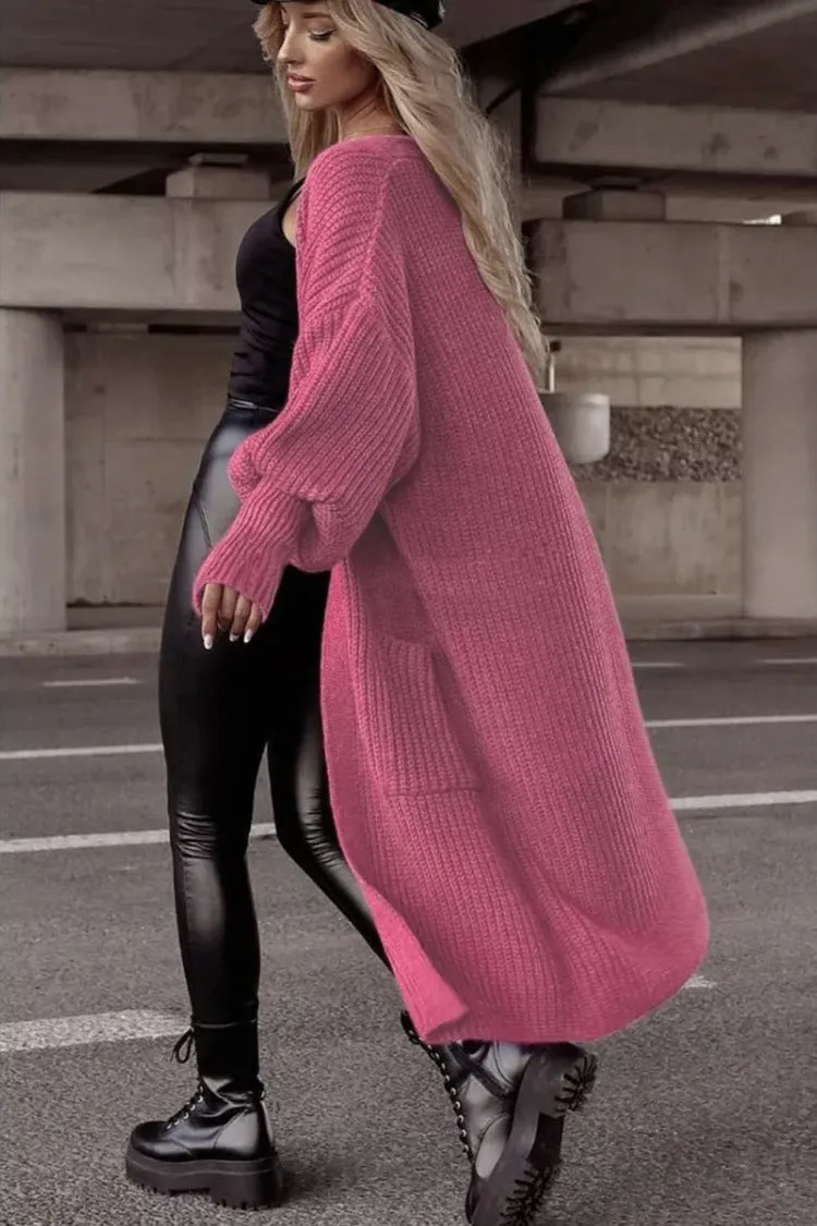 Cardigan Lungo Lavorato a Maglia con Tasche e Maniche a Palloncino