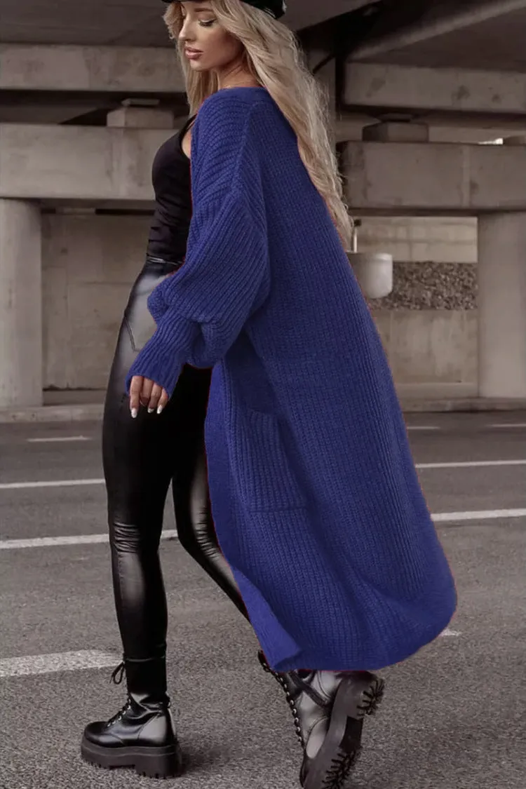 Cardigan Lungo Lavorato a Maglia con Tasche e Maniche a Palloncino