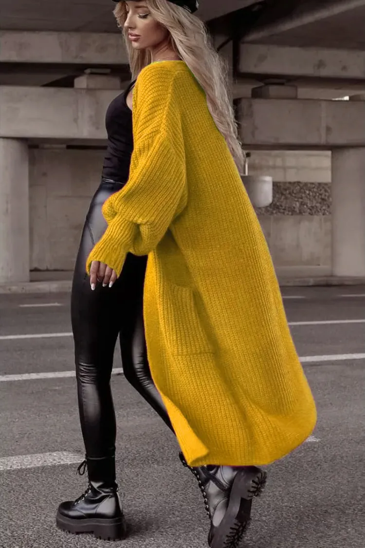 Cardigan Lungo Lavorato a Maglia con Tasche e Maniche a Palloncino