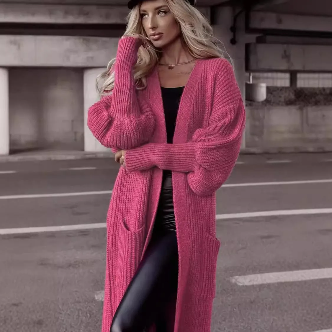 Cardigan Lungo Lavorato a Maglia con Tasche e Maniche a Palloncino