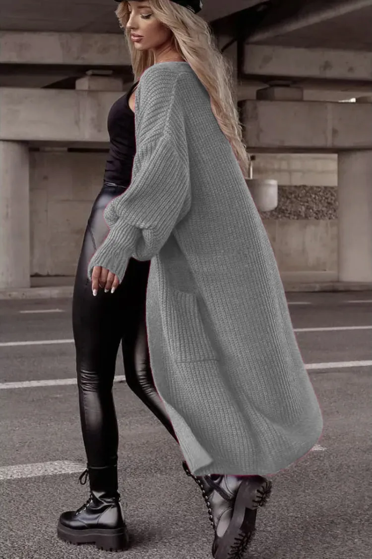Cardigan Lungo Lavorato a Maglia con Tasche e Maniche a Palloncino