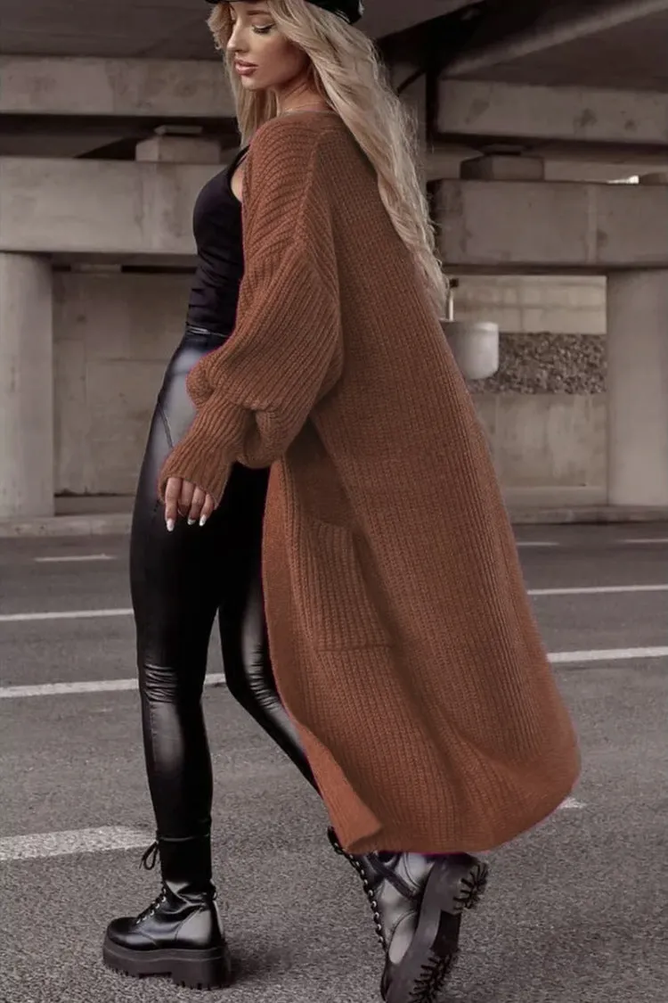 Cardigan Lungo Lavorato a Maglia con Tasche e Maniche a Palloncino