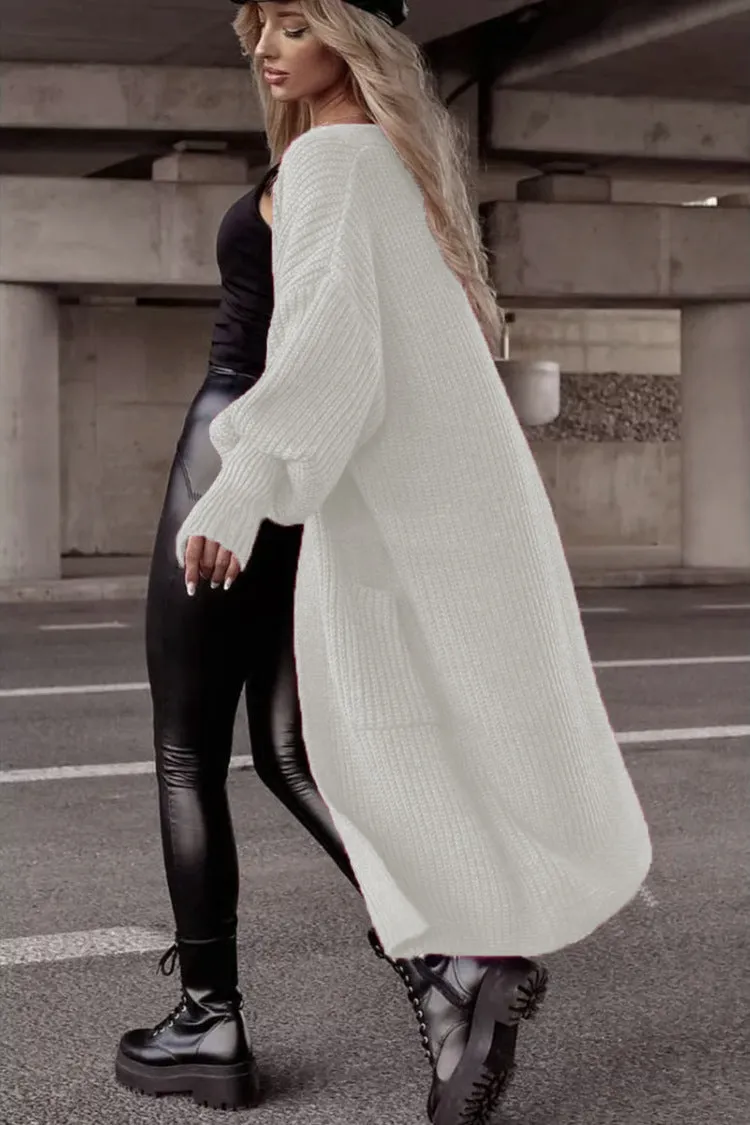 Cardigan Lungo Lavorato a Maglia con Tasche e Maniche a Palloncino