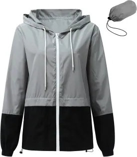 Cdiecer Women's Raincoat Waterproof Windbreaker Hoodie Sunscreen Zipper Jacket Lightweight Outdoor Hiking Color Block Jacket
