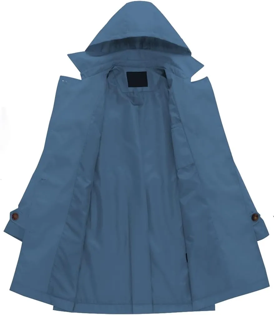 Chrisuno Women's Double Breasted Trench Coats Mid-Length Belted Overcoat Long Dress Jacket with Detachable Hood