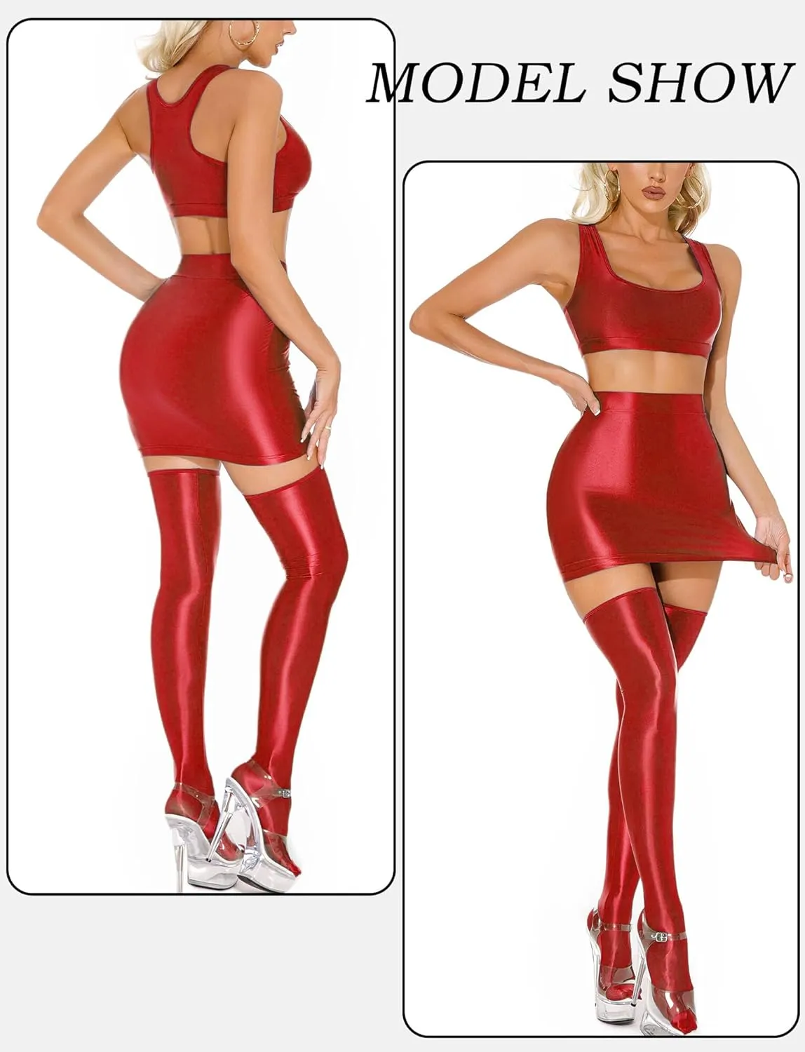 FEOYA Womens Oil Shiny Bodycon Skirts Silky Smooth Pencil Mini Skirts Sexy Glossy Hot Skirts Club Party