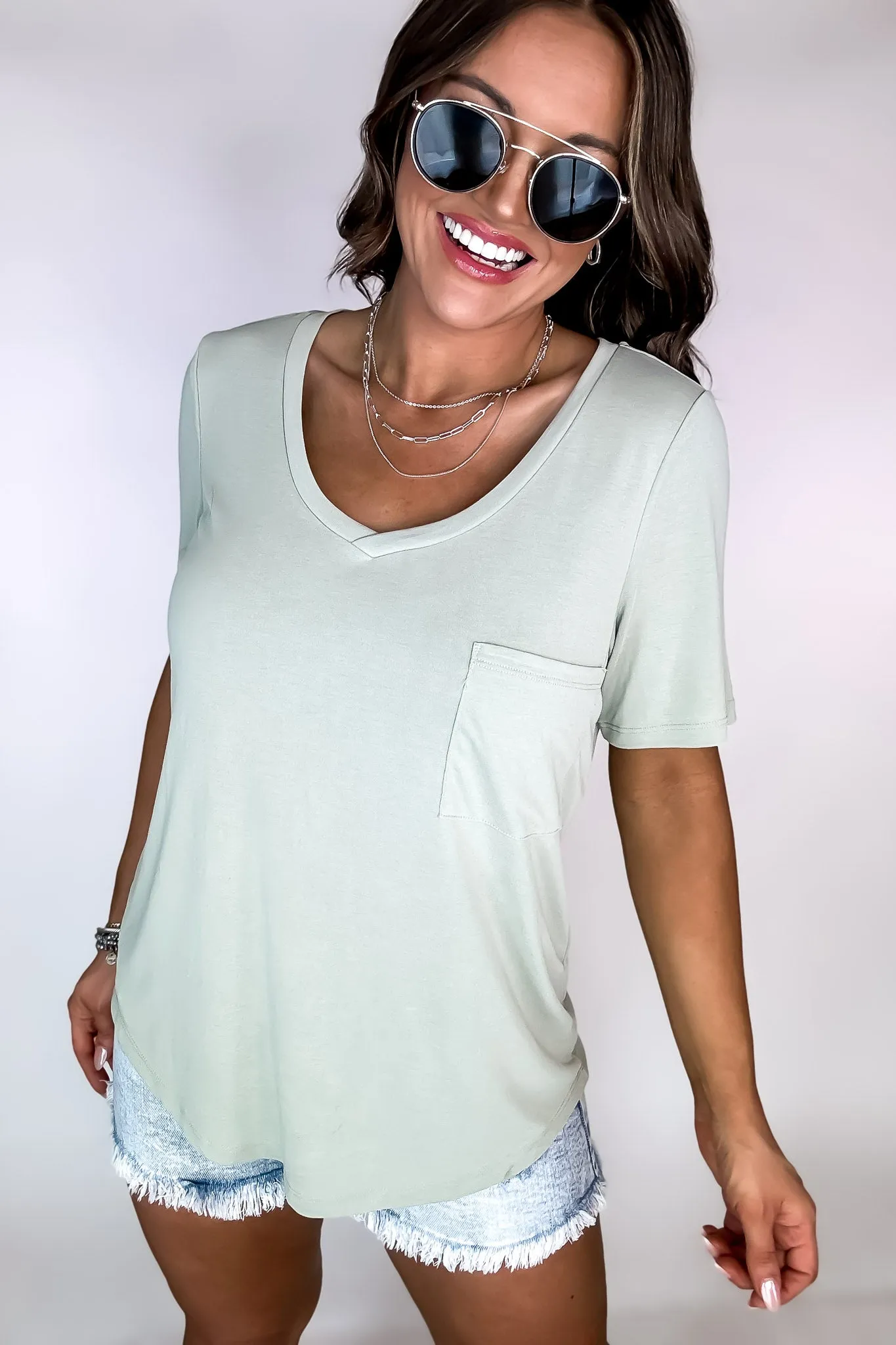 Framing My World Moss Knit Solid Jersey Basic V-Neck T-Shirt