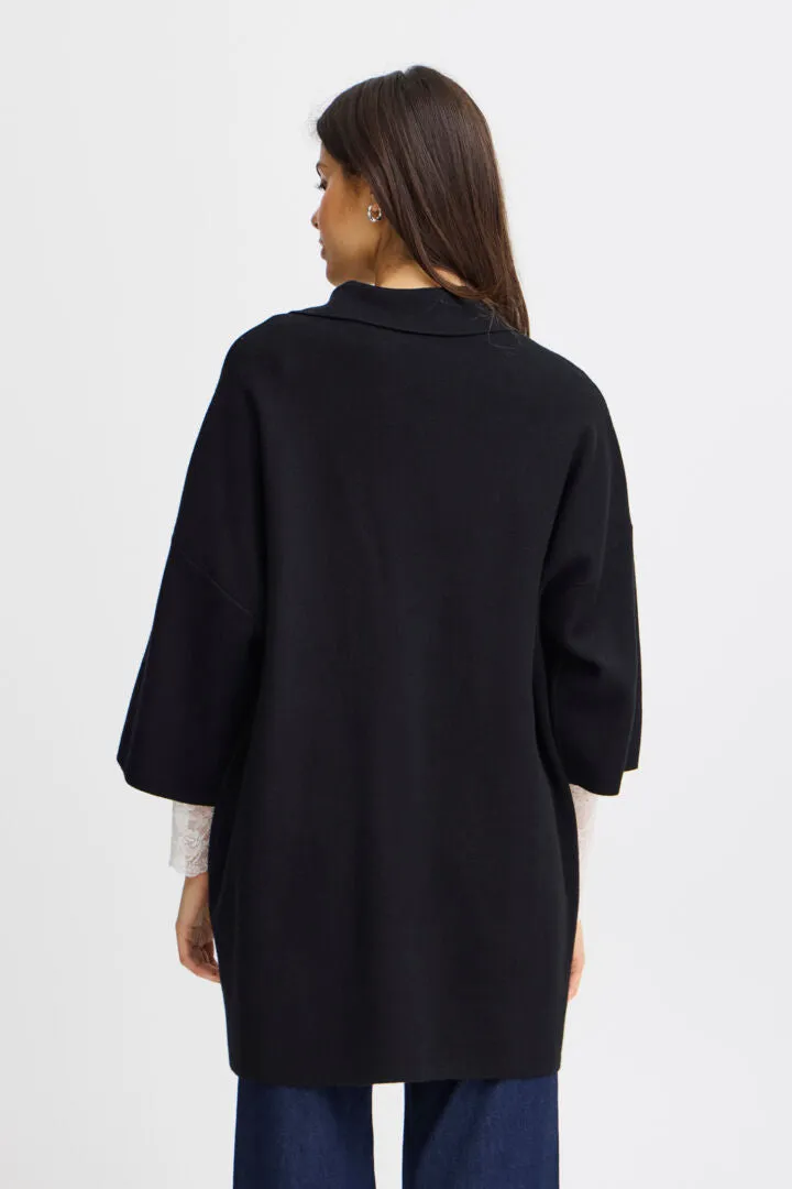Fransa long Black Cardigan with revere collar and pockets