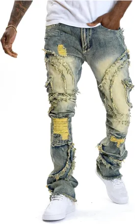 Giraropa Mens Black Stacked Jeans Slim Fit Ripped Jeans Destroyed Straight Denim Pants Harajuku Hip Hop Trouser Streetwear