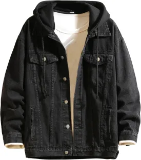Men's Denim Hoodie Jacket Casual Long Sleeve Button Down Jeans Coat Windproof Hip Hop Trucker Hooded Jackets