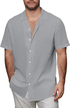 Mens Short Sleeve Button Down Shirt Casual Summer Beach Plain T-Shirts V-Neck Collared Vacation Tropical Tee Tops