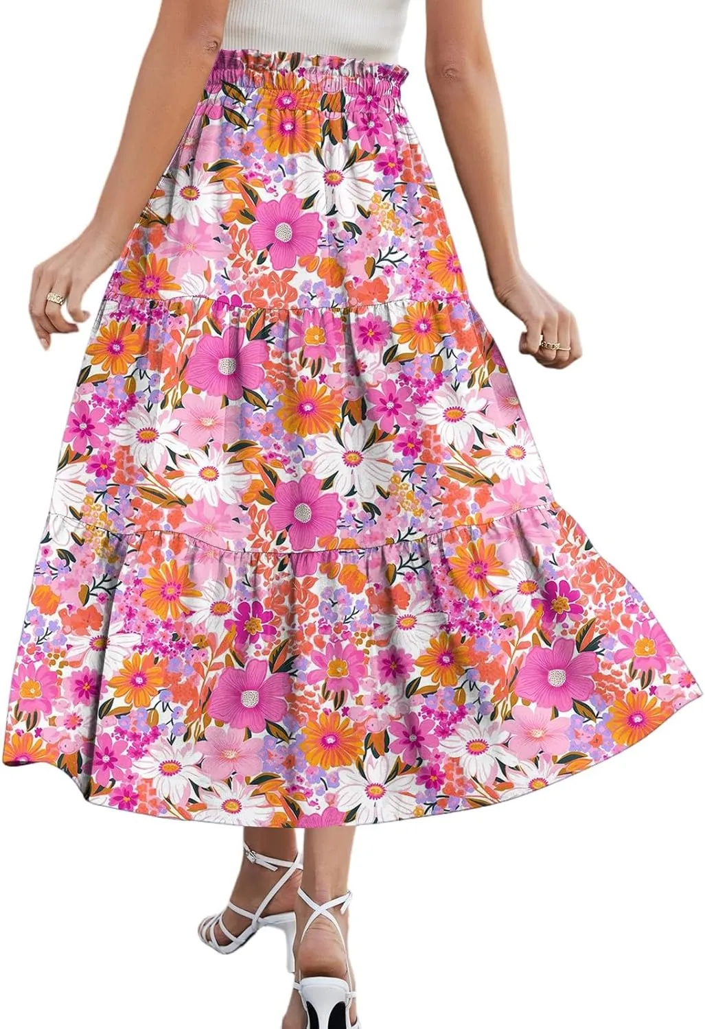 Midi Skirt for Women Summer Tiered High Waisted Knee Length Skirt A Line Flowy Floral Print Skirts with Pockets