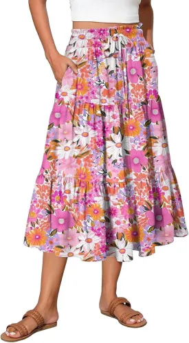 Midi Skirt for Women Summer Tiered High Waisted Knee Length Skirt A Line Flowy Floral Print Skirts with Pockets