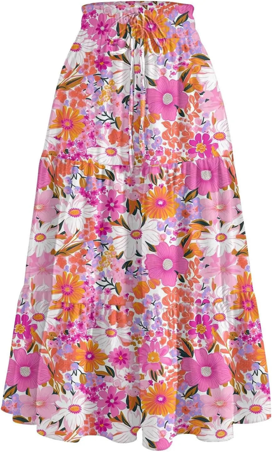 Midi Skirt for Women Summer Tiered High Waisted Knee Length Skirt A Line Flowy Floral Print Skirts with Pockets