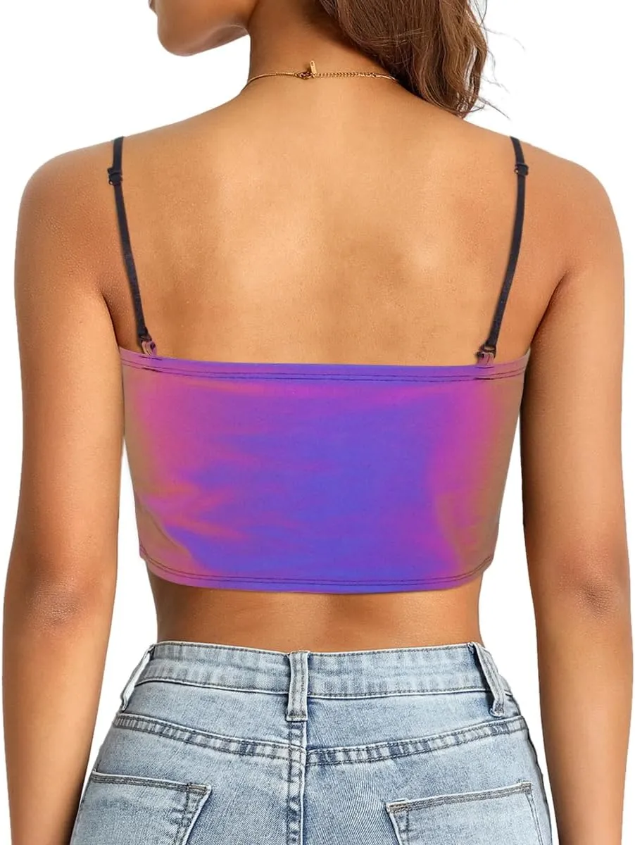 Mocure Womens Crop Tops Tank Metallic Reflective Holographic Tank Top for Rave Festival Club