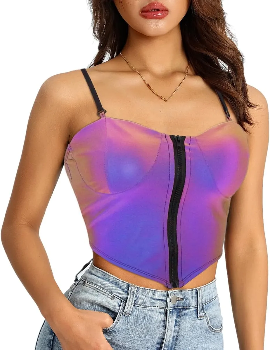 Mocure Womens Crop Tops Tank Metallic Reflective Holographic Tank Top for Rave Festival Club