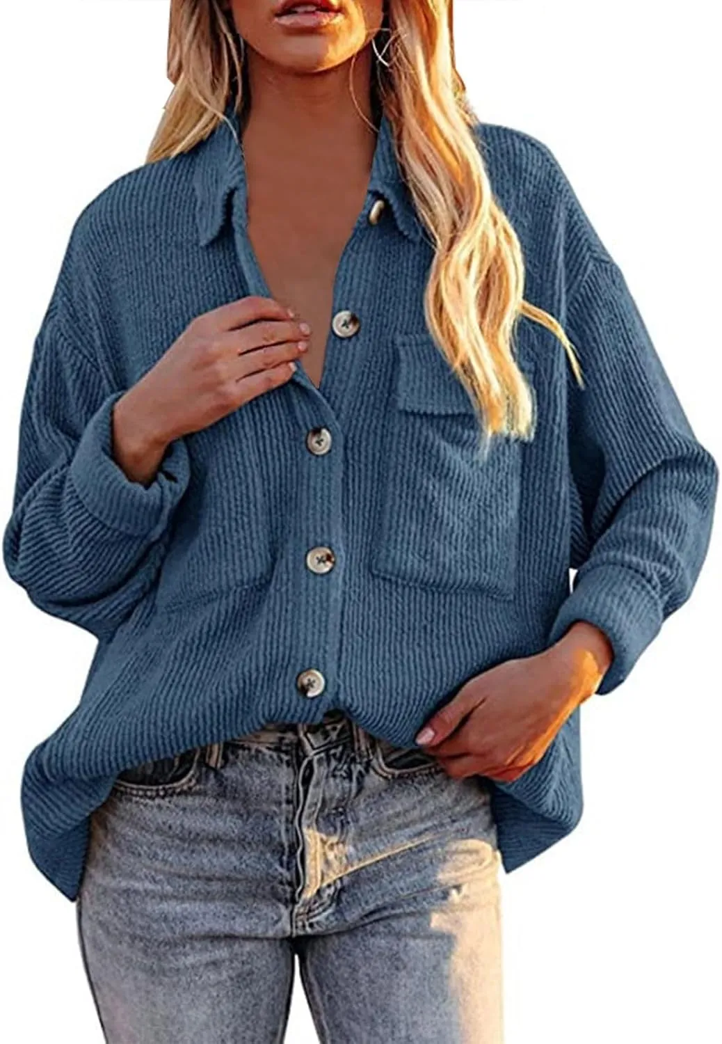 Oversize Corduroy Jacket for Womens Button Lapel Solid Long Sleeve Shirts Shacket Jacket Tops Boyfriend Style Coat