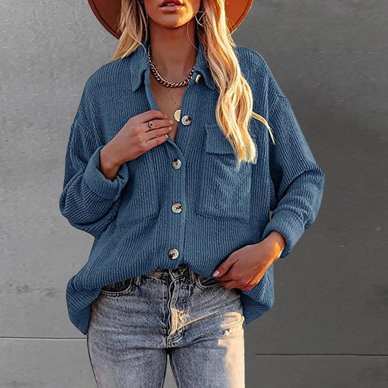 Oversize Corduroy Jacket for Womens Button Lapel Solid Long Sleeve Shirts Shacket Jacket Tops Boyfriend Style Coat