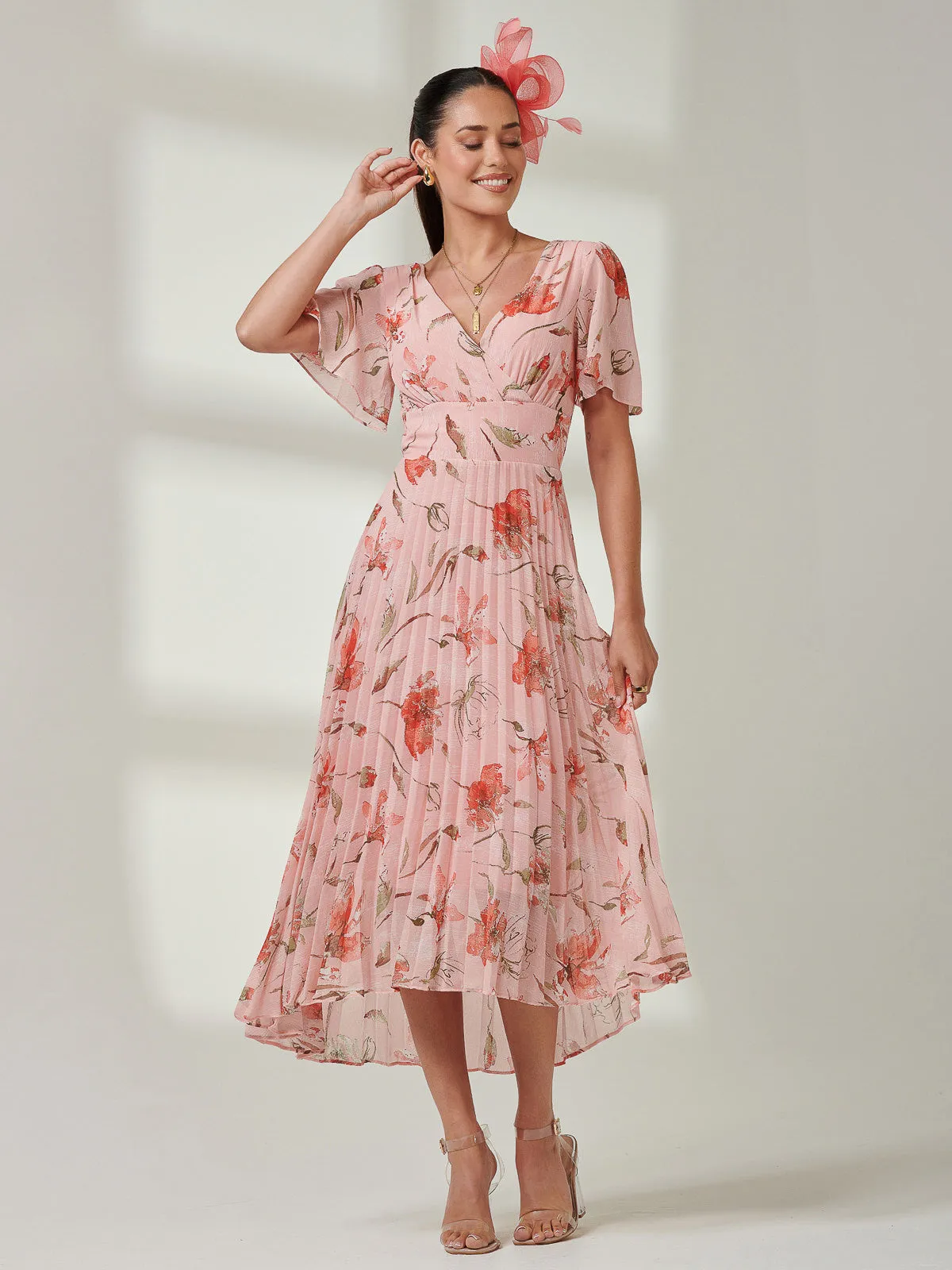 Pleated Dip Hem Chiffon Maxi Dress, Coral Pink