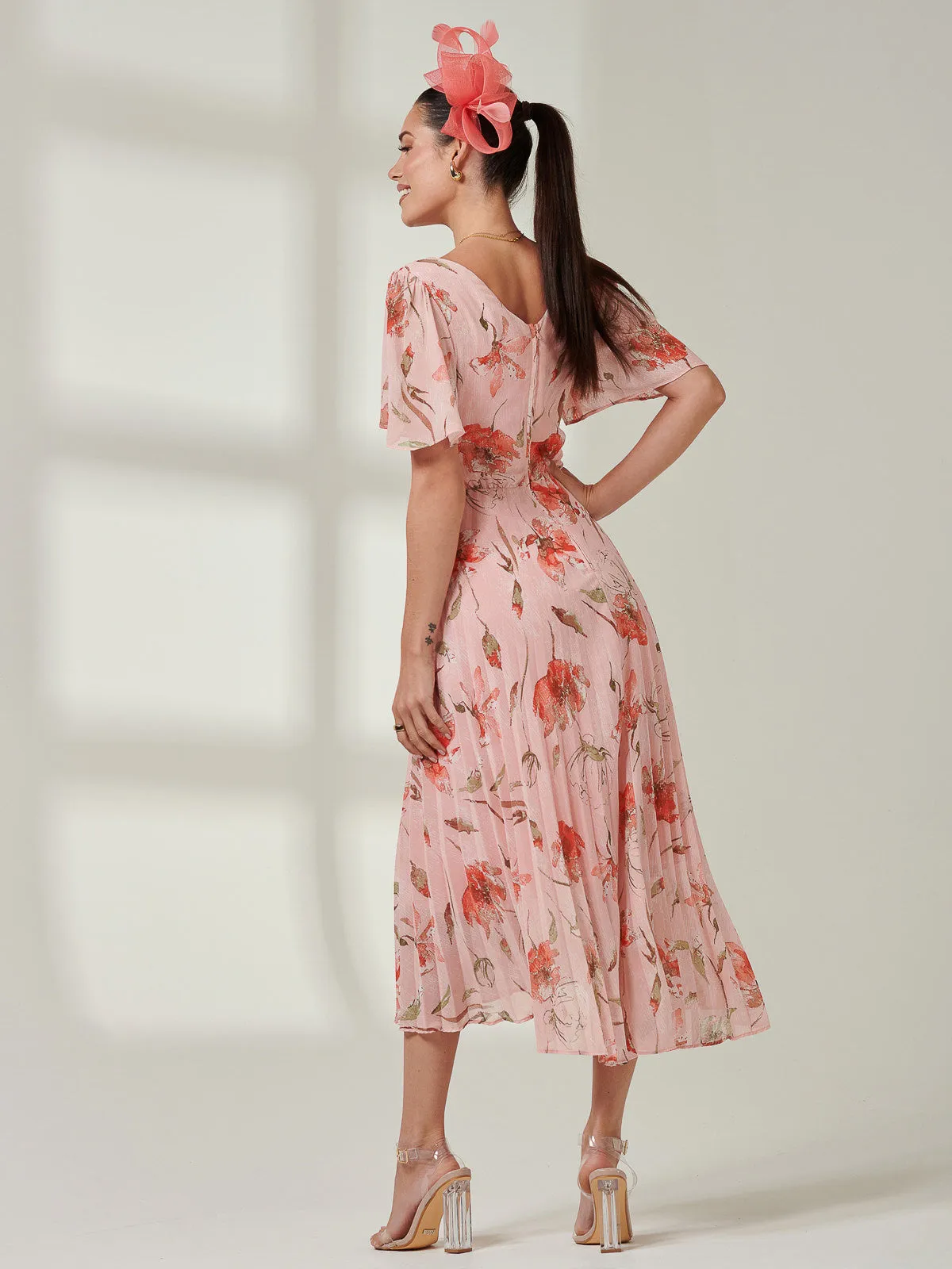 Pleated Dip Hem Chiffon Maxi Dress, Coral Pink