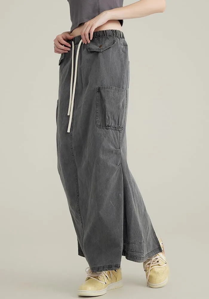 Pooyikoi Women's High Waist Pencil Skirt Elastic Trendy Skirts Casual Office Work Skirts Back Slit Knee Length Midi Skirts