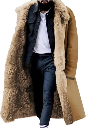 Sherpa Lined Long Jacket Men Faux Leather Shearling Jacket Fur Collar Long Trench Coats Winter Fleece Overcoat