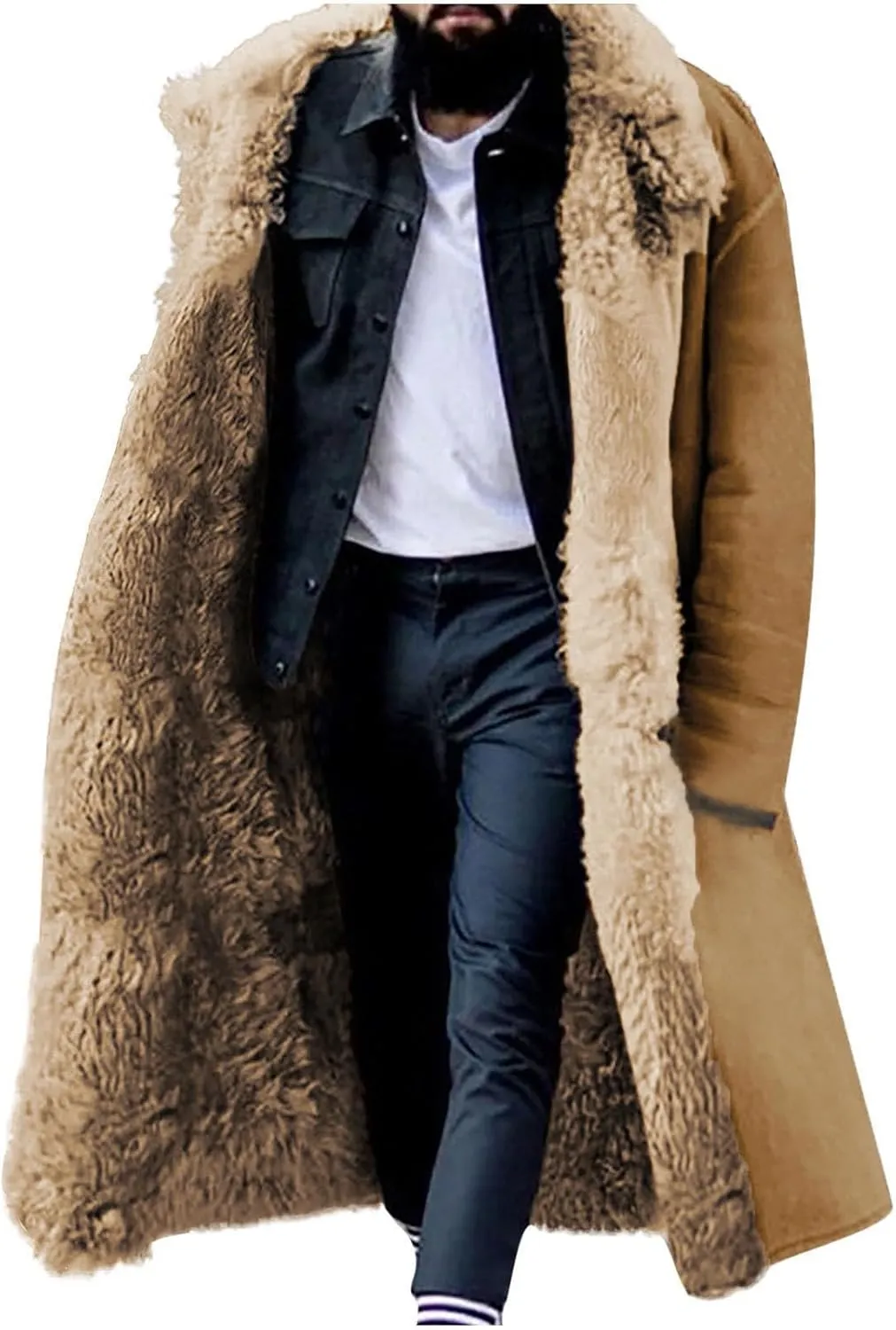 Sherpa Lined Long Jacket Men Faux Leather Shearling Jacket Fur Collar Long Trench Coats Winter Fleece Overcoat