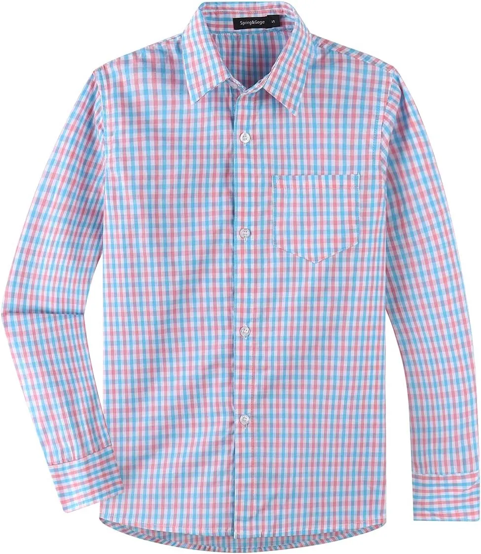 Spring&Gege Boys' Long Sleeve Plaid Poplin Button Down Shirt