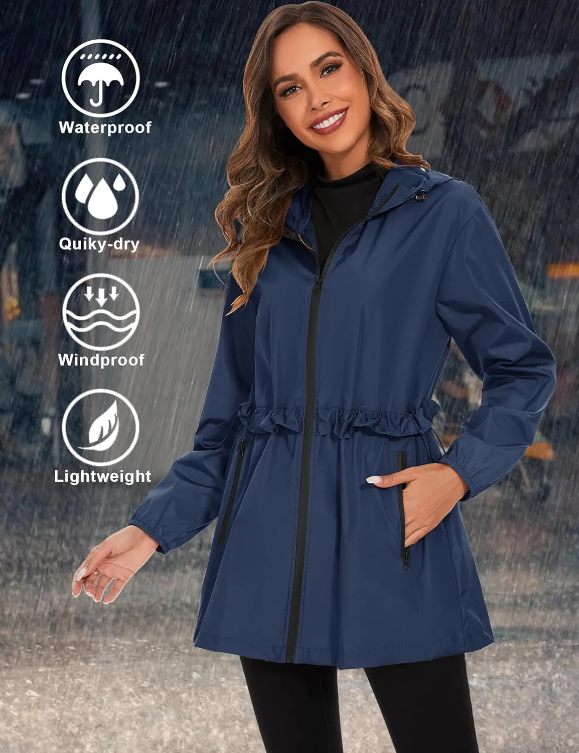 TCOT Rain Jackets for Women Waterproof Packable Hooded Rain Coat Lightweight Windbreaker with Pocket