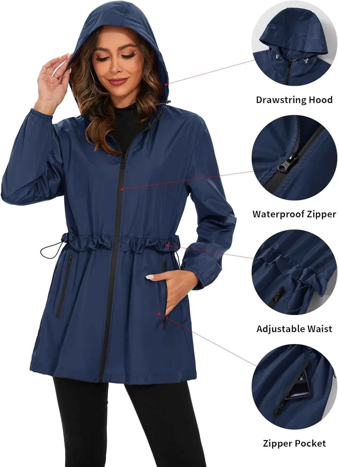 TCOT Rain Jackets for Women Waterproof Packable Hooded Rain Coat Lightweight Windbreaker with Pocket