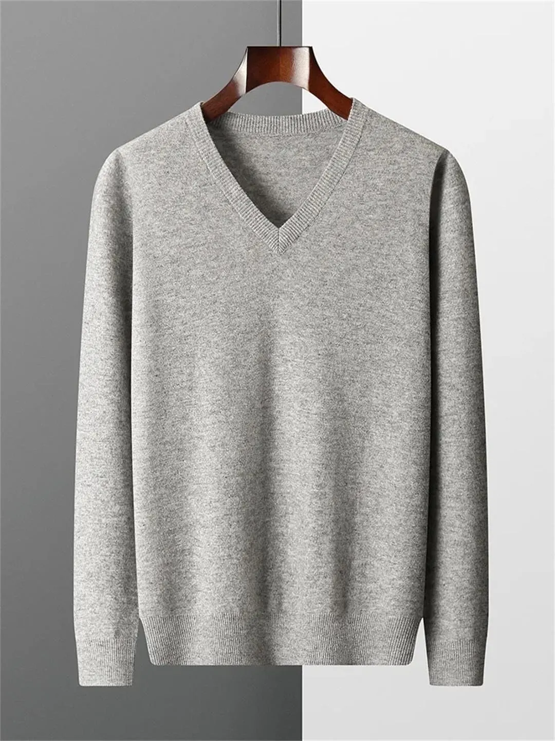 Vsadsau Men's Autumn and Winter Merino Wool Sweater V-Neck Knitted Casual Loose Pullover