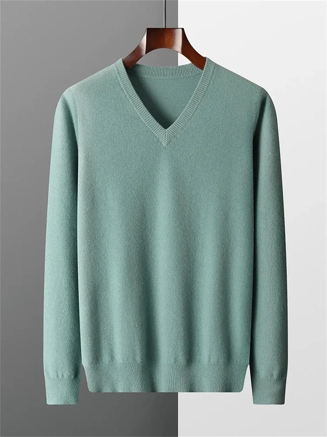Vsadsau Men's Autumn and Winter Merino Wool Sweater V-Neck Knitted Casual Loose Pullover