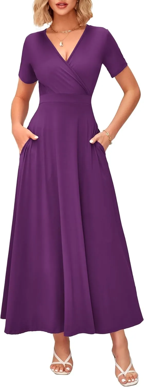 WNEEDU Women's Summer Maxi Dress Short Sleeves Wrap V Neck Long Dresses with Pockets
