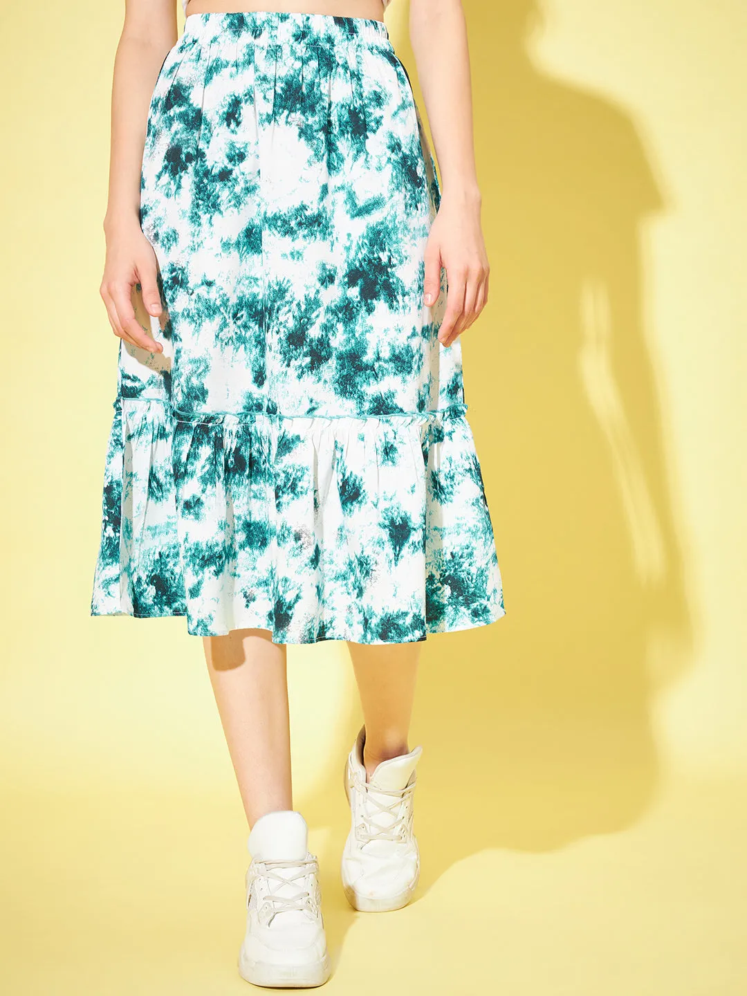 Women Tie Dye Gathered or Pleated Flared Midi Skirt